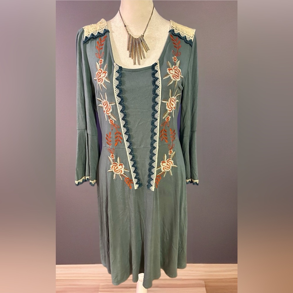 Ryu Green Embroidered Dress with Cream and Orange Accents